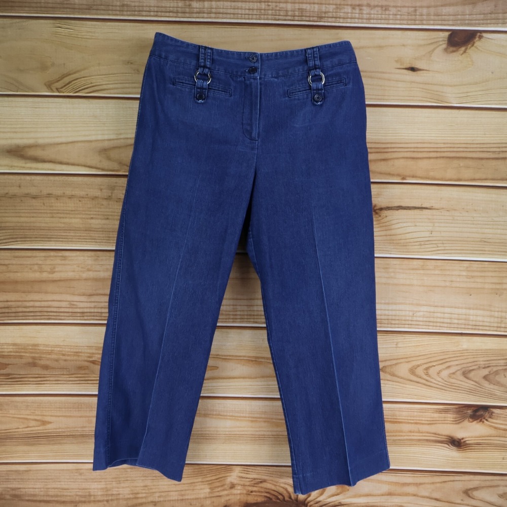 Larry Levine Stretch Jeans Wide-Leg Ankle Womens 14‎ Blue Pocket Buckle Accents